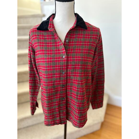 Vntg Holiday Tartan Red Plaid Flannel Long Sleeve Button Down Velvet Collar - Picture 1 of 8